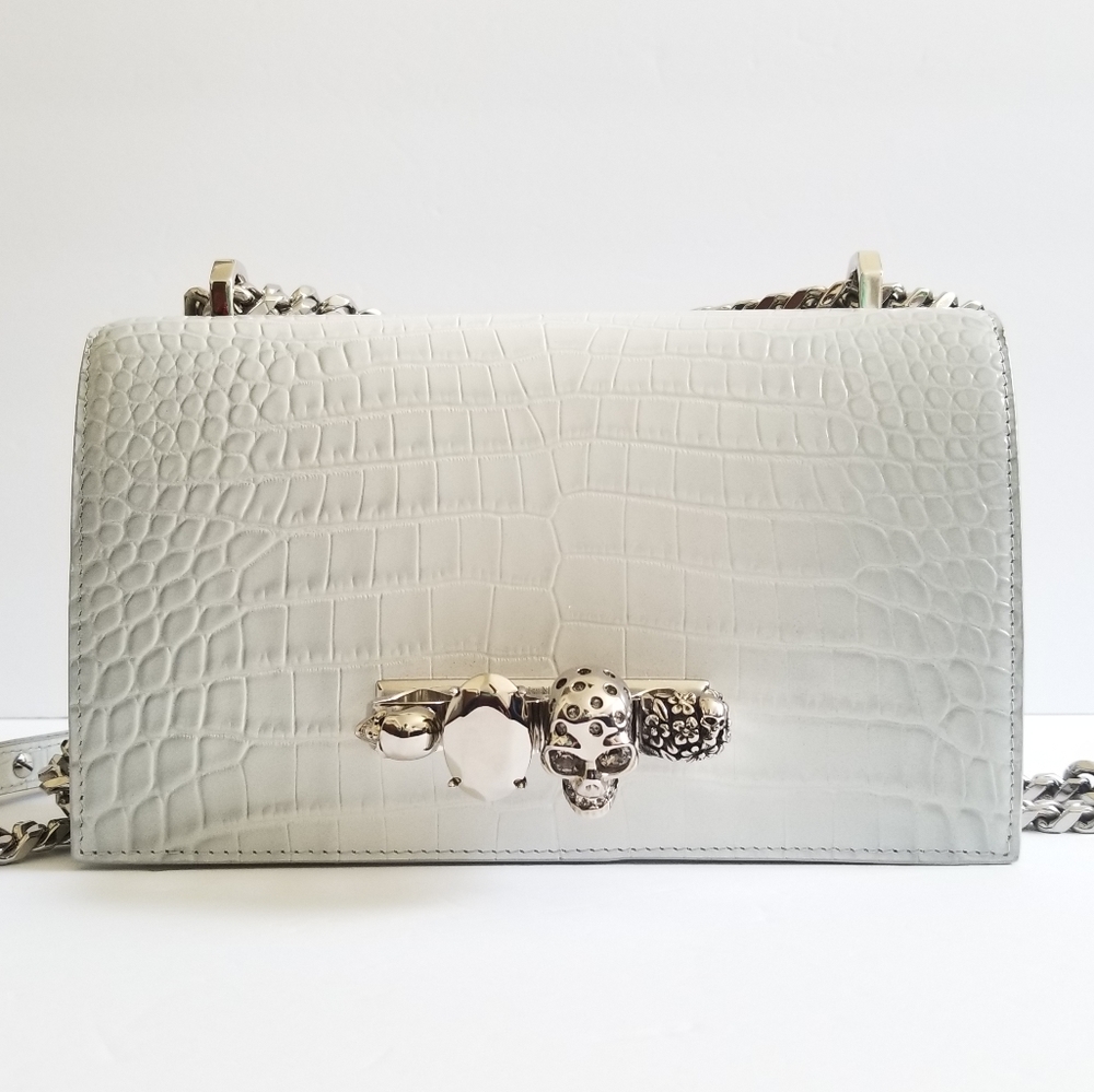 Alexander McQueen Medium Four Ring Croc-Embossed Leather Crossbody Light Gray - Picture 2 of 11
